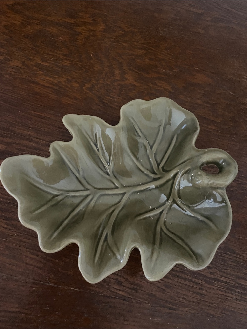 Leaf-Shaped Ceramic Dish in Olive Green